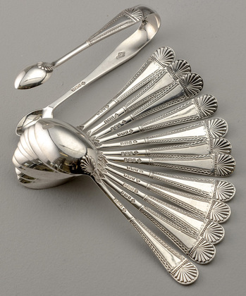 Victorian Sterling Silver Teaspoon (Set of 12) and Tongs Set - Lozenge/ Diamond Registration Mark